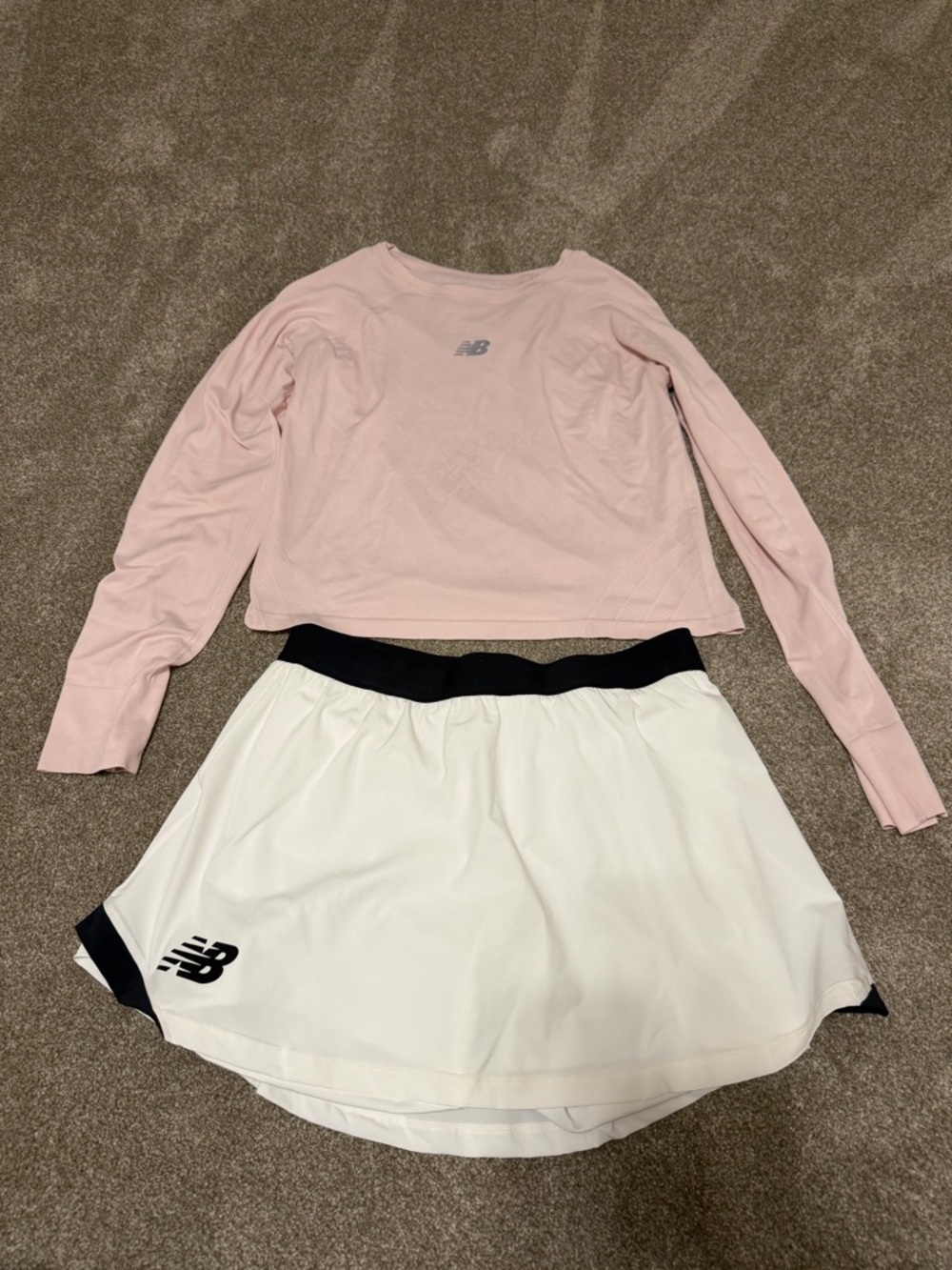 New Balance Pale Pink Long Sleeve Crop Top with White Skirt
